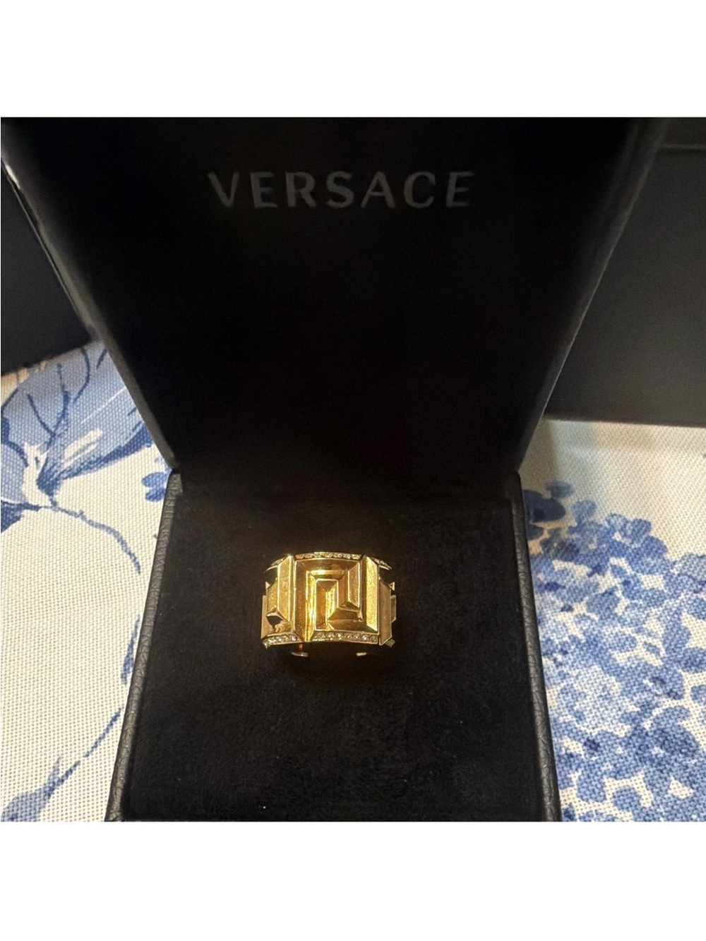 VERSACE Gold Tone Clear Crystal Geometric Band Ring w/box